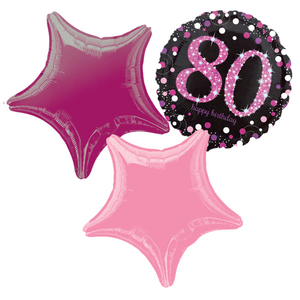 COLLECTION ONLY - 80th Pink Birthday Foil Balloon Bouquet Filled with Helium & Dressed with Ribbon & Weight