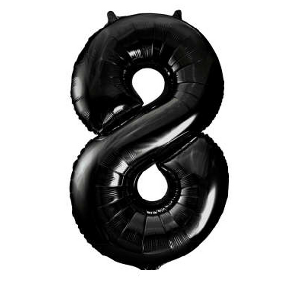 COLLECTION ONLY - Large Black Number 8 Super Shape Foil Balloon Filled with Helium & Dressed with Ribbon & Weight