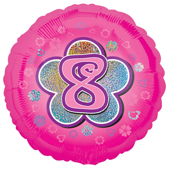 COLLECTION ONLY - 1 Pink Holographic Number 8 Standard Foil Balloon Filled with Helium & Dressed with Ribbon & Weight