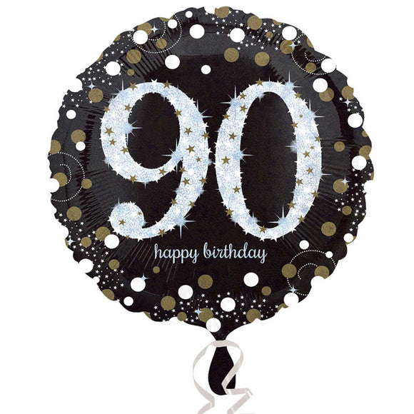 COLLECTION ONLY - 1 Happy Birthday 90th Gold Celebration Standard Foil Balloon Filled with Helium & Dressed with Ribbon & Weight