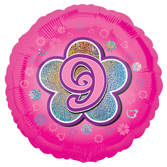 COLLECTION ONLY - 1 Pink Holographic Number 9 Standard Foil Balloon Filled with Helium & Dressed with Ribbon & Weight