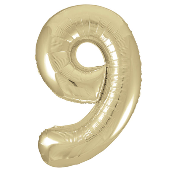 COLLECTION ONLY - Large White Gold Number 9 Super Shape Foil Balloon Filled with Helium & Dressed with Ribbon & Weight