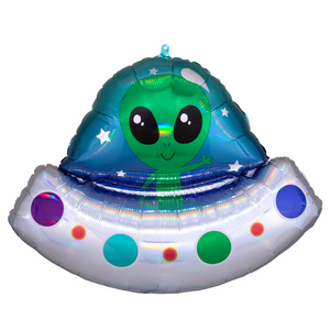 COLLECTION ONLY - 1 Alien Space Ship Super Shape Foil Balloon 28" Filled with Helium & Dressed with Ribbon & Weight