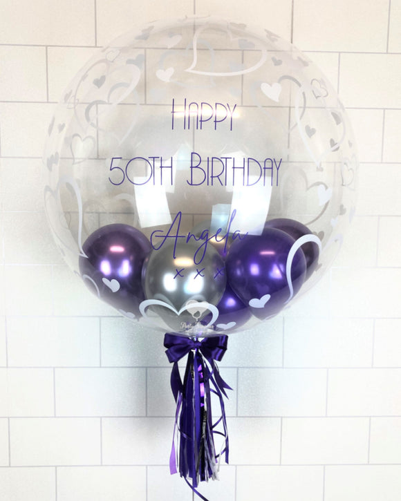 COLLECTION ONLY - Heart Print Bubble Balloon - Purple & Silver Balloons - Purple Message