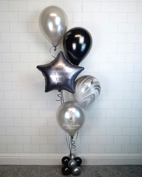COLLECTION ONLY - Black & Silver Bouquet 4 Latex Balloons, 1 Personalised Star Bouquet & Balloon Base
