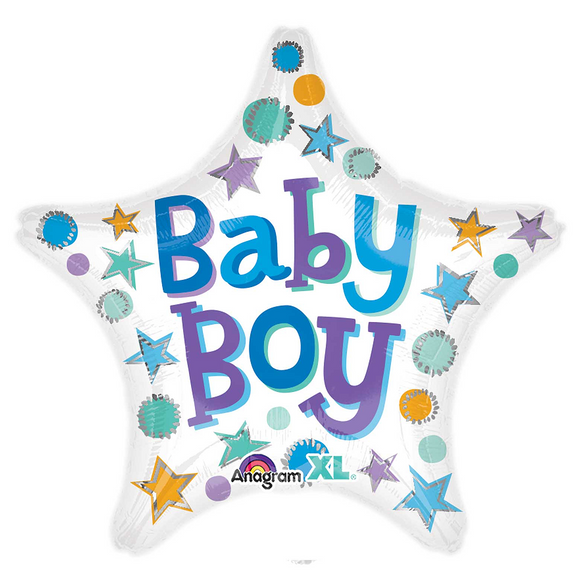 COLLECTION ONLY - 1 Baby Boy Star Standard Foil Balloon Filled with Helium & Dressed with Ribbon & Weight