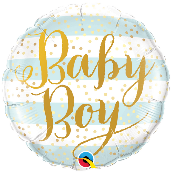 COLLECTION ONLY - 1 Baby Boy White & Blue Stripes Standard Foil Balloon Filled with Helium & Dressed with Ribbon & Weight