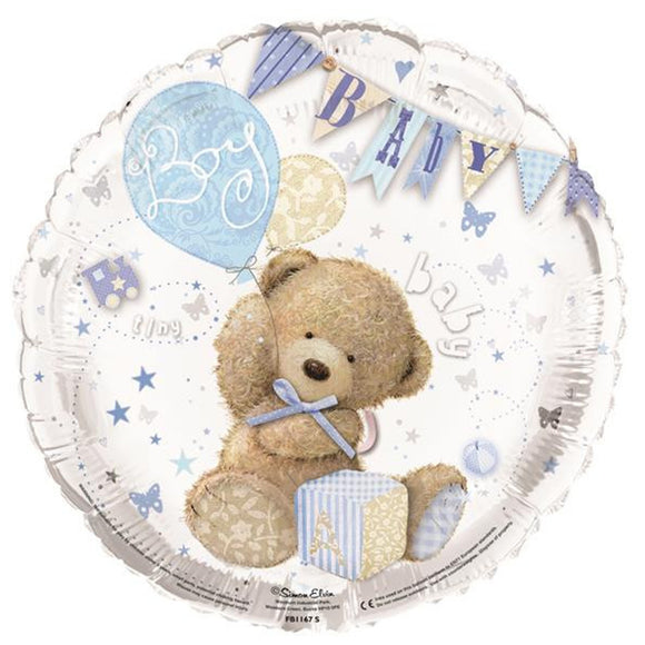 COLLECTION ONLY - 1 Baby Boy Teddy Standard Foil Balloon Filled with Helium & Dressed with Ribbon & Weight