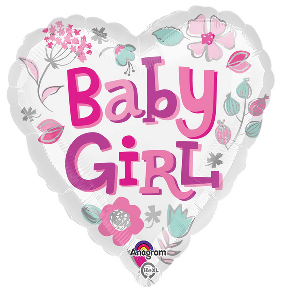 COLLECTION ONLY - 1 Baby Girl Heart Standard Foil Balloon Filled with Helium & Dressed with Ribbon & Weight