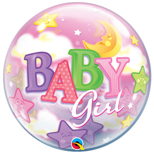 COLLECTION ONLY - 1 Baby Girl Moon & Stars Bubble Balloon 22" Filled with Helium & Dressed with a Balloon Collar, Ribbon & Weight