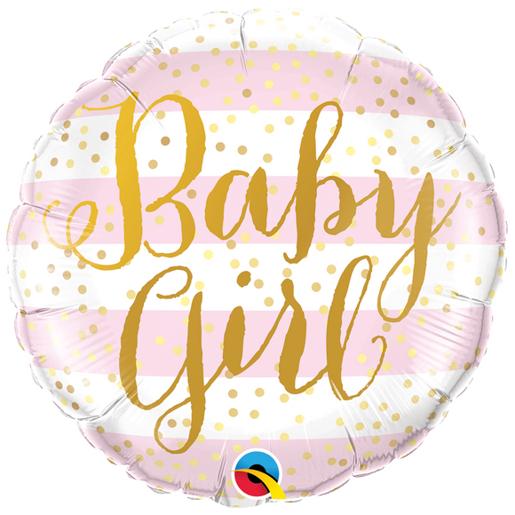 COLLECTION ONLY - 1 Baby Girl White & Pink Stripes Standard Foil Balloon Filled with Helium & Dressed with Ribbon & Weight