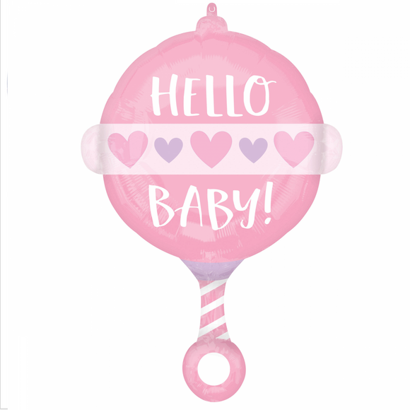 COLLECTION ONLY - 1 Hello Baby Pink Rattle Foil Balloon 24
