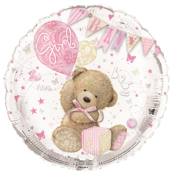 COLLECTION ONLY - 1 Baby Girl Teddy Standard Foil Balloon Filled with Helium & Dressed with Ribbon & Weight