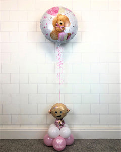 COLLECTION ONLY - BABY - Pink & White Table Tower - Teddy Standard Foil Balloon