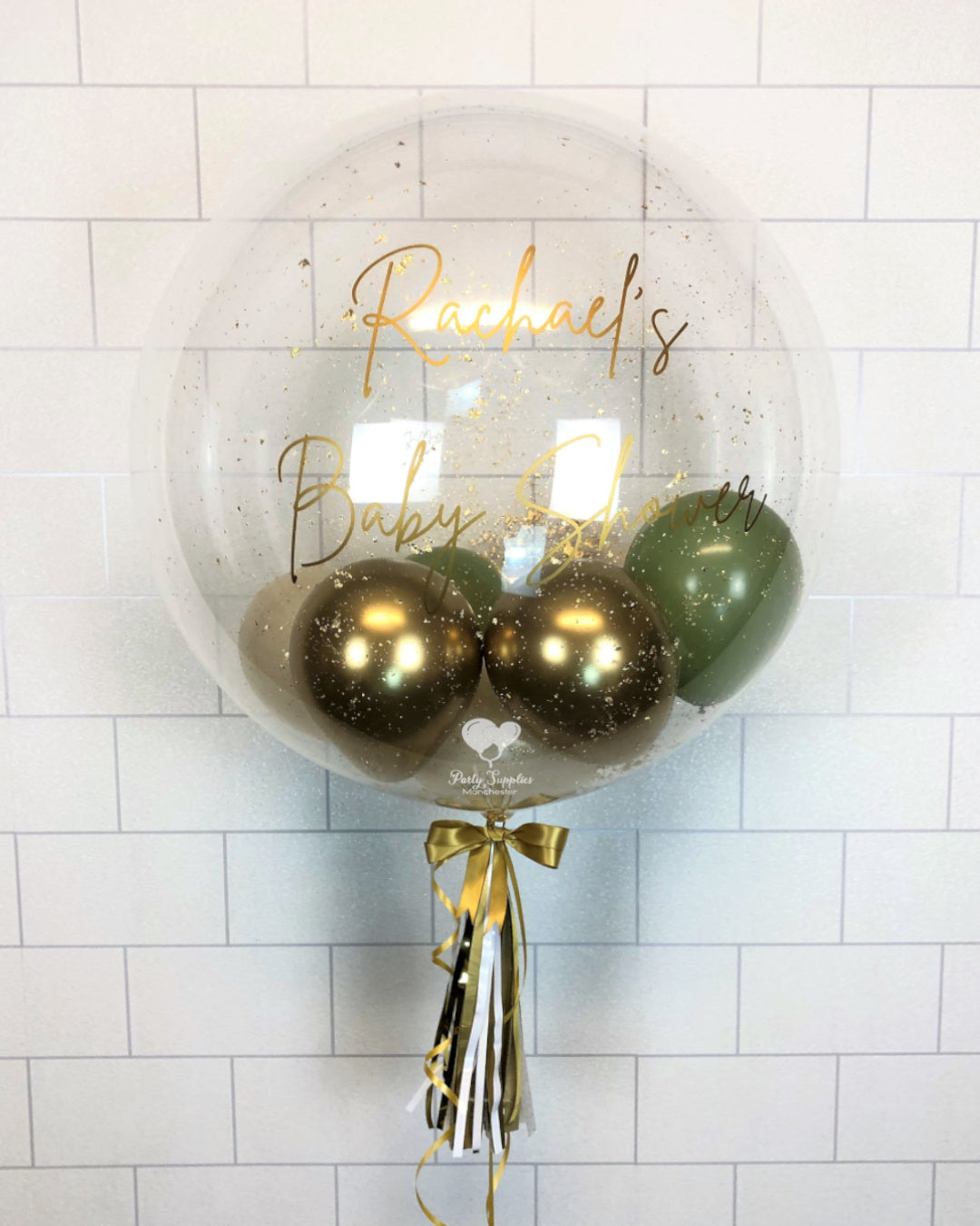 COLLECTION ONLY Clear Bubble Balloon Green Gold Cream Balloons Gold Message 2 Clusters