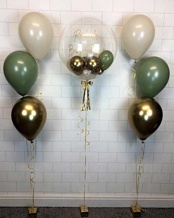COLLECTION ONLY - Clear Bubble Balloon - Green, Gold & Cream Balloons - Gold Message + 2 Clusters