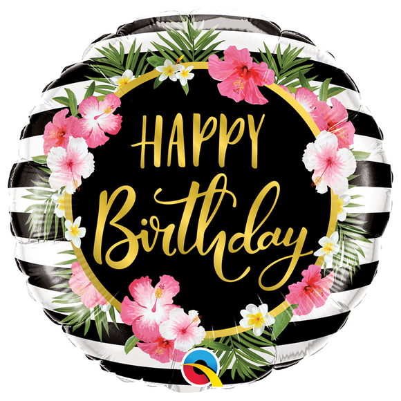 COLLECTION ONLY - 1 Happy Birthday Hibiscus Stripe Foil Balloon 18