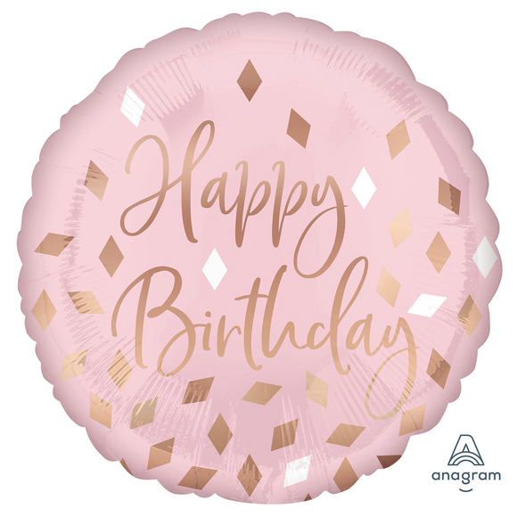 COLLECTION ONLY - Happy Birthday Blush Standard Foil Balloon Filled with Helium & Dressed with Ribbon & Weight
