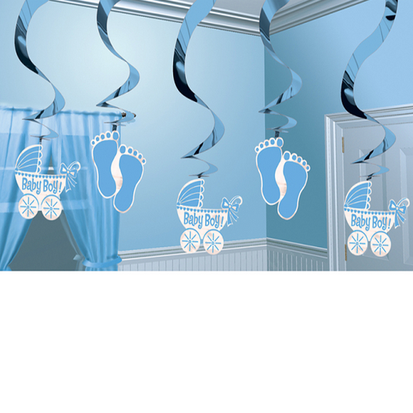 5 Baby Boy Blue Swirl Hanging Decorations with Prams and Baby Feet Cut-outs