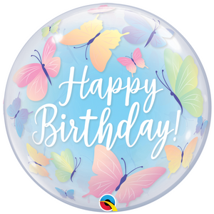 COLLECTION ONLY - 1 Happy Birthday Butterfly Bubble Balloon 22" Filled with Helium & Dressed with a Balloon Collar, Ribbon & Weight