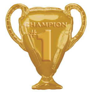 COLLECTION ONLY - 1 Champion Gold Trophy Super Shape Foil Balloon 28" Filled with Helium & Dressed with Ribbon & Weight