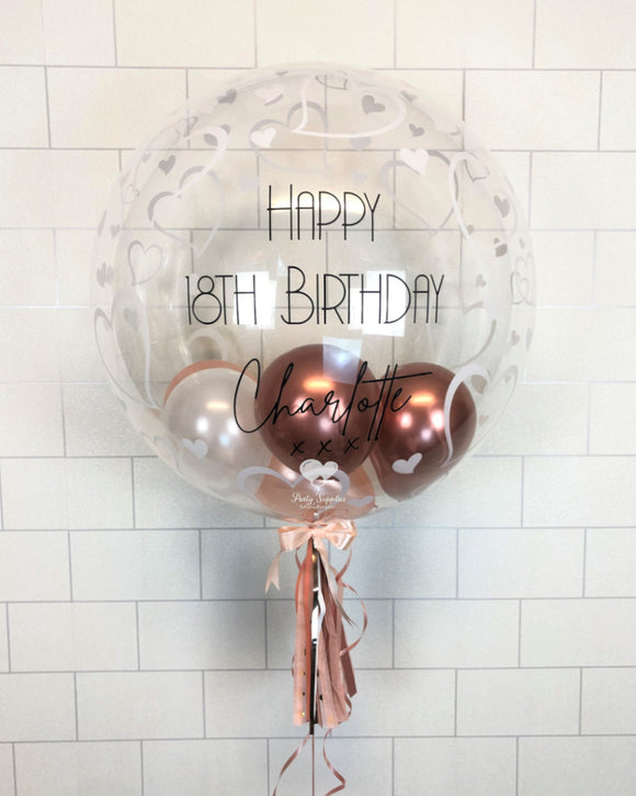 COLLECTION ONLY - Heart Bubble - 2 Shades of Rose Gold, White balloons - Black Message