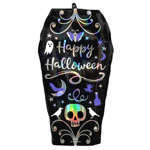 COLLECTION ONLY - 1 Large Happy Halloween Coffin Foil Super Shape 27" Filled with Helium & Dressed with Ribbon & Weight