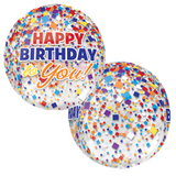 COLLECTION ONLY - 1 Happy Birthday Confetti Orbz Balloon Filled with Helium & Dressed with a Balloon Collar, Ribbon & Weight