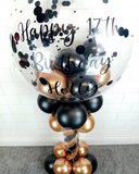 COLLECTION ONLY - Copper & Black Twisted Tower Topped with a Clear Bubble filled with Balloons & Black Confetti - Black Message