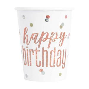 8 Rose Gold Glitz Happy Birthday Paper Cups 270ml