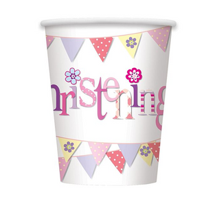 8 Pink Bunting Christening Paper Cups 270ml