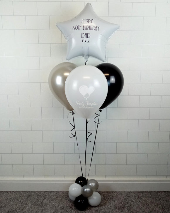 COLLECTION ONLY -  Black, Silver & White Pyramid Balloon Cluster & 1 Personalised Star & Balloon Base