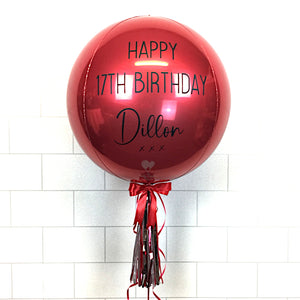 COLLECTION ONLY - Red Orbz Balloon, Personalised with a Black Message Dressed with Tassel, Bow & Weight