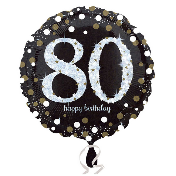 COLLECTION ONLY - 1 Happy Birthday 80th Gold Celebration Standard Foil Balloon Filled with Helium & Dressed with Ribbon & Weight