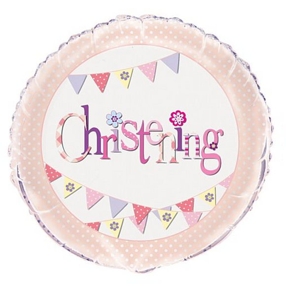 COLLECTION ONLY - 1 Pink Bunting Christening Standard Foil Balloon Filled with Helium & Dressed with Ribbon & Weight