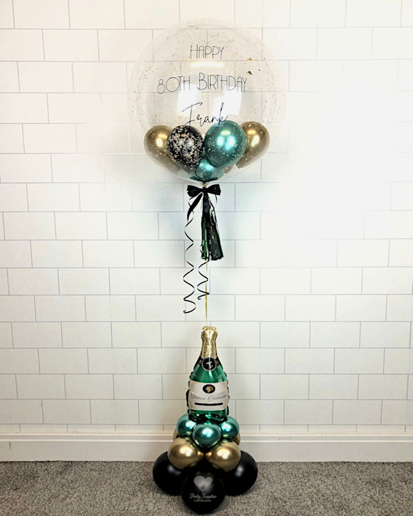 COLLECTION ONLY - Clear Bubble & Base - Green, Gold & Black Balloons - Gold Leaf - Black Message