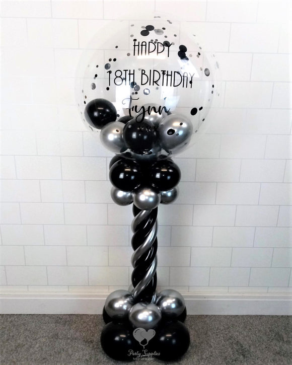 COLLECTION ONLY - Black & Silver Twisted Tower Topped with a Clear Bubble filled with Balloons & Confetti - Black Message