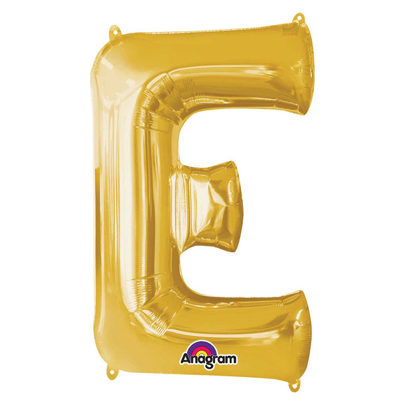 COLLECTION ONLY - Gold Letter E Filled with Helium & Dressed with Ribbon & Weight