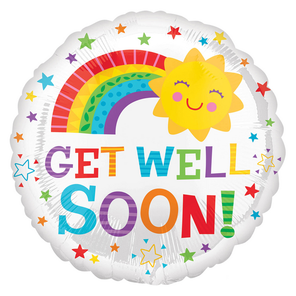 COLLECTION ONLY - 1 Get Well Soon Sunshine Rainbow Stnadard Foil Balloon Filled with Helium & Dressed with Ribbon & Weight