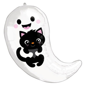 COLLECTION ONLY - 1 Cute Ghost & Kitty 19" Junior Shape Filled with Helium & Dressed with Ribbon & Weight