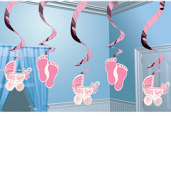 5 Baby Girl Pink Swirl Hanging Decorations with Prams and Baby Feet Cut-outs