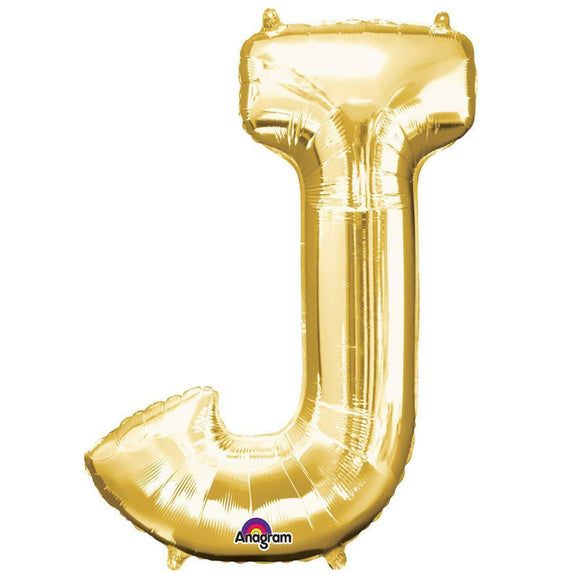 COLLECTION ONLY - Gold Letter J Filled with Helium & Dressed with Ribbon & Weight