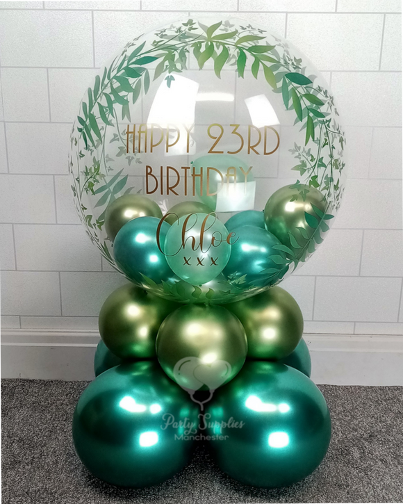 COLLECTION ONLY - 2 Tier Elegant Greenery Globe Green Balloons, Gold Message