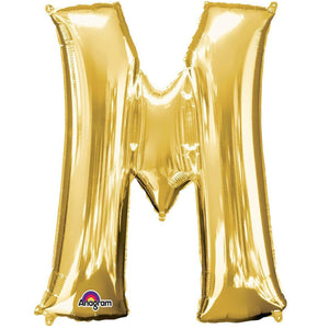 COLLECTION ONLY - Gold Letter M Filled with Helium & Dressed with Ribbon & Weight