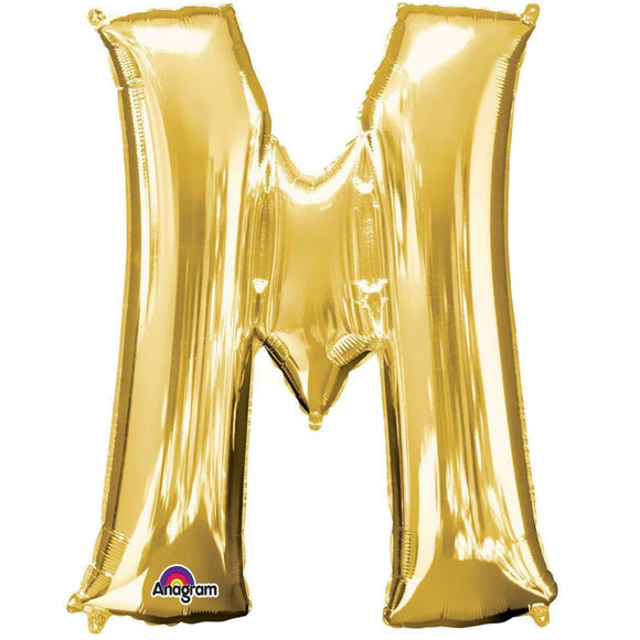 COLLECTION ONLY - Gold Letter M Filled with Helium & Dressed with Ribbon & Weight
