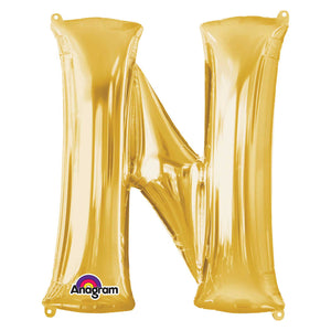 COLLECTION ONLY - Gold Letter N Filled with Helium & Dressed with Ribbon & Weight