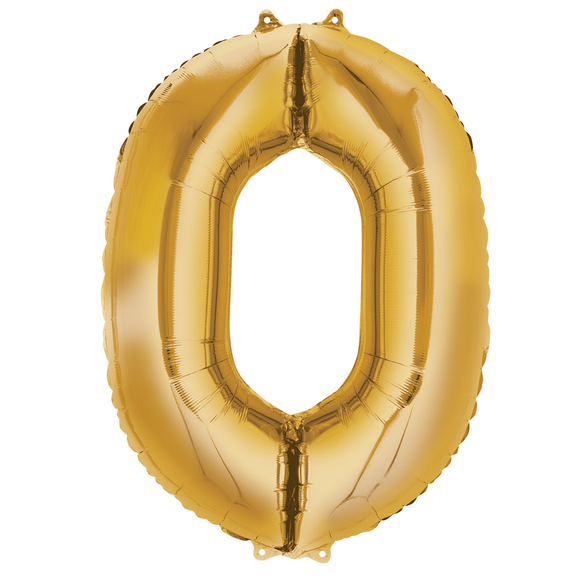 COLLECTION ONLY - Large Gold Number 0 Super Shape Foil Balloon Filled with Helium & Dressed with Ribbon & Weight