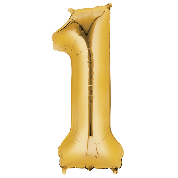 COLLECTION ONLY - Large Gold Number 1 Super Shape Foil Balloon Filled with Helium & Dressed with Ribbon & Weight
