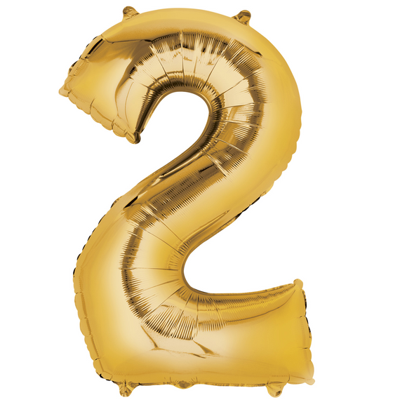 COLLECTION ONLY - Large Gold Number 2 Super Shape Foil Balloon Filled with Helium & Dressed with Ribbon & Weight