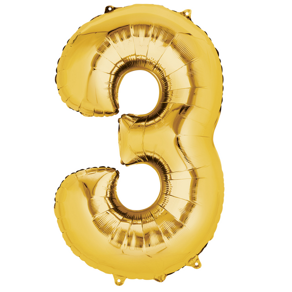 COLLECTION ONLY - Large Gold Number 3 Super Shape Foil Balloon Filled with Helium & Dressed with Ribbon & Weight